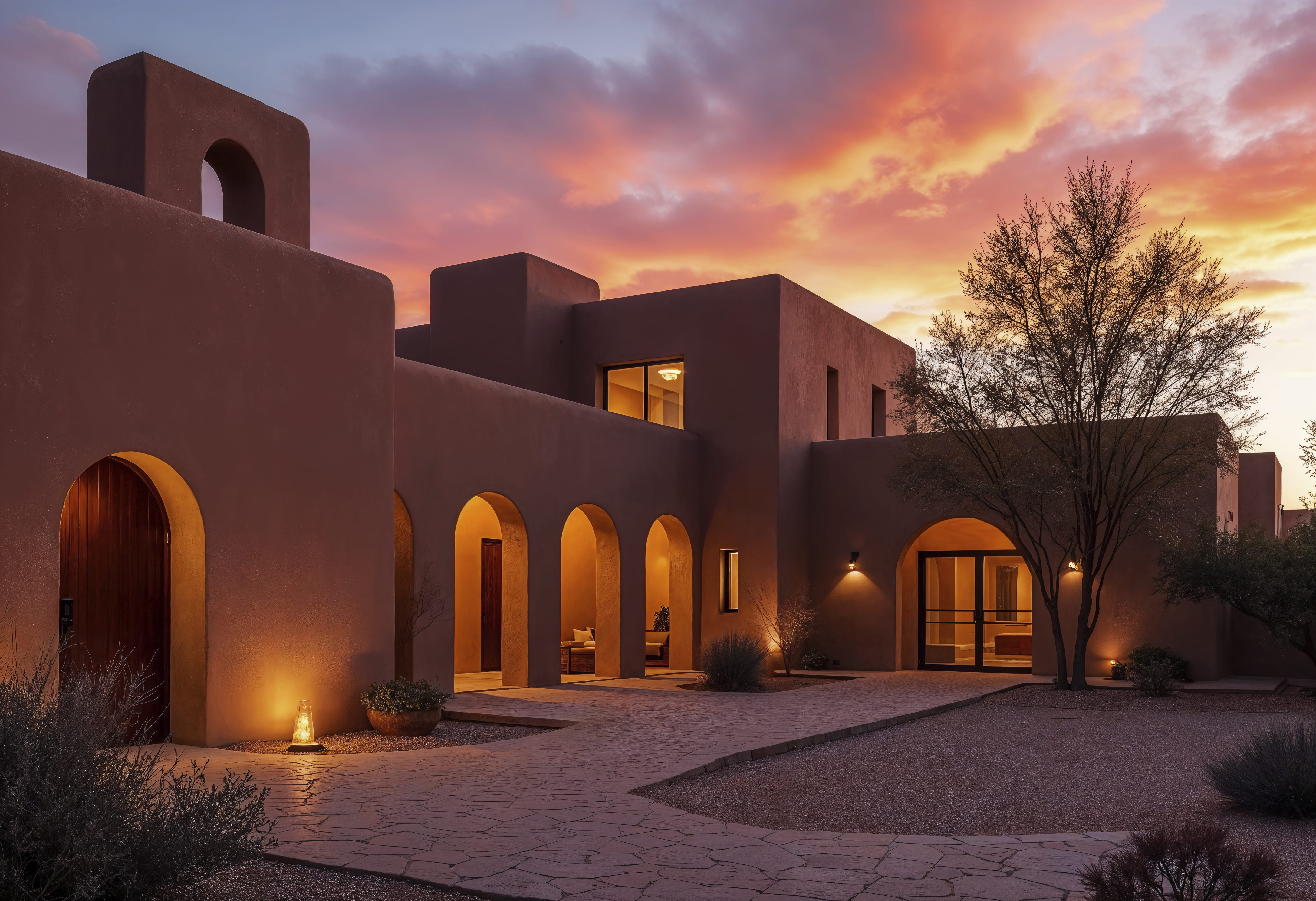 Luxury Moroccan villa at sunset with arched entrance and warm evening light — expat home in Marrakech